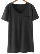 Romwe Black V Neck Short Sleeve Pocket Casual T-shirt