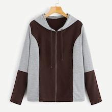 Romwe Color Block Drawstring Zip-up Hoodie