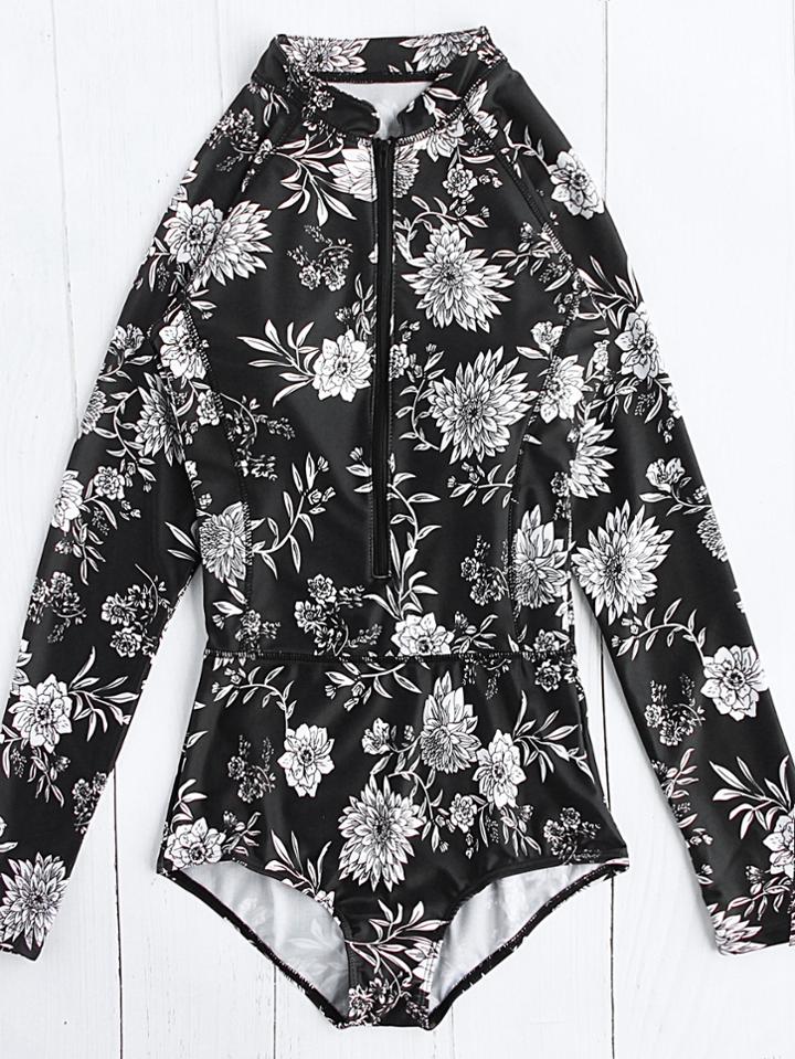 Romwe Calico Print Zipper Up One Piece Swimwear