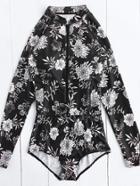 Romwe Calico Print Zipper Up One Piece Swimwear