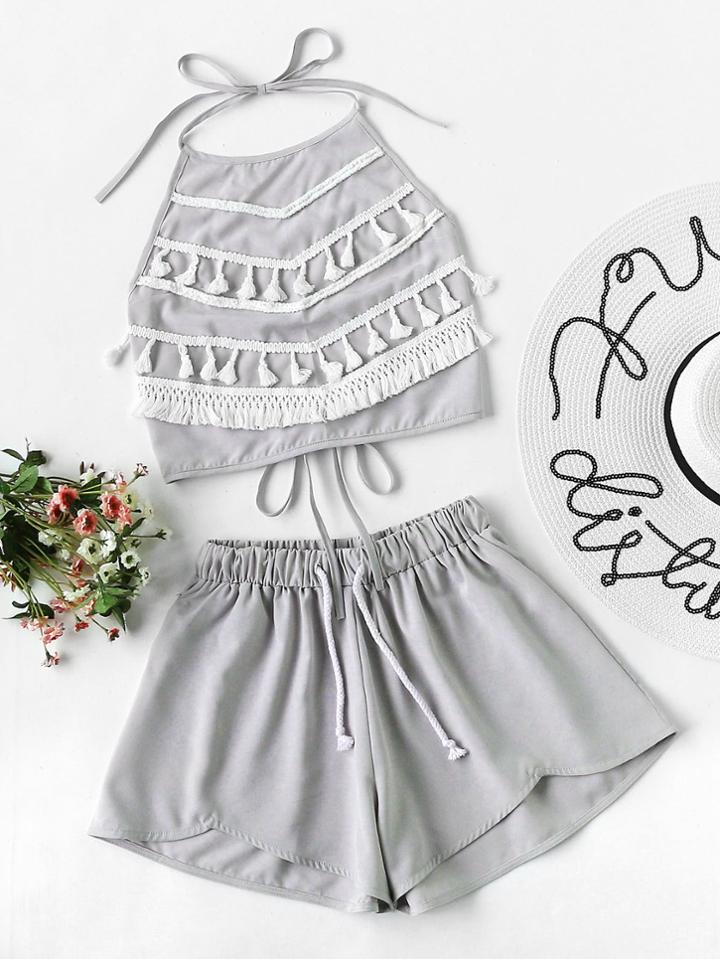 Romwe Contrast Tassel Trim Halter Top With Shorts