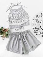 Romwe Contrast Tassel Trim Halter Top With Shorts