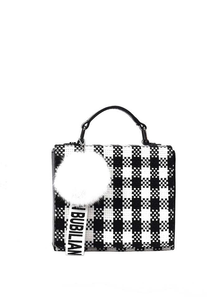 Romwe Pom Pom Gingham Tote Bag