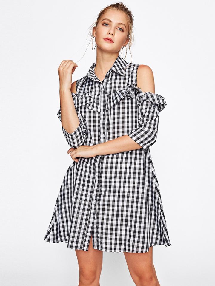 Romwe Open Shoulder Frill Trim Gingham Shirt Dress