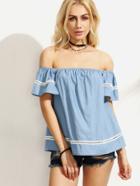 Romwe Blue Lace Insert Off The Shoulder Denim Top