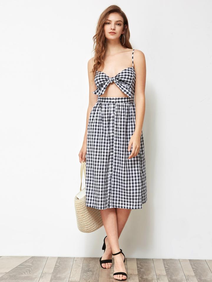 Romwe Knot Front Cutout Midriff Smocked Back Gingham Dress