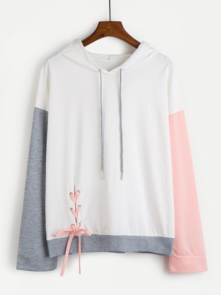 Romwe Contrast Sleeve Eyelet Lace Up Side Hoodie