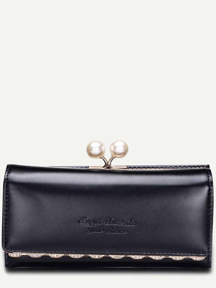 Romwe Black Embossed Letter Pearl Rhinestone Detail Clutch Bag