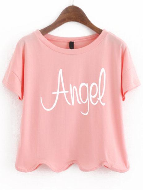 Romwe Letter Print Loose Pink T-shirt