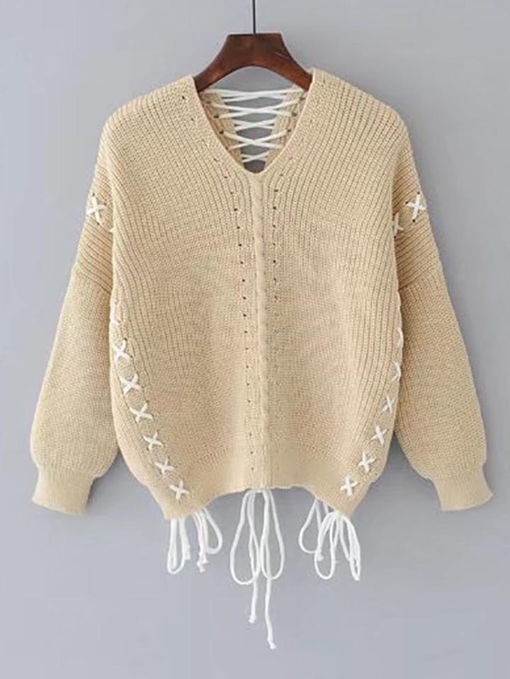 Romwe Drop Shoulder Criss Cross Lace Up Detail Sweater