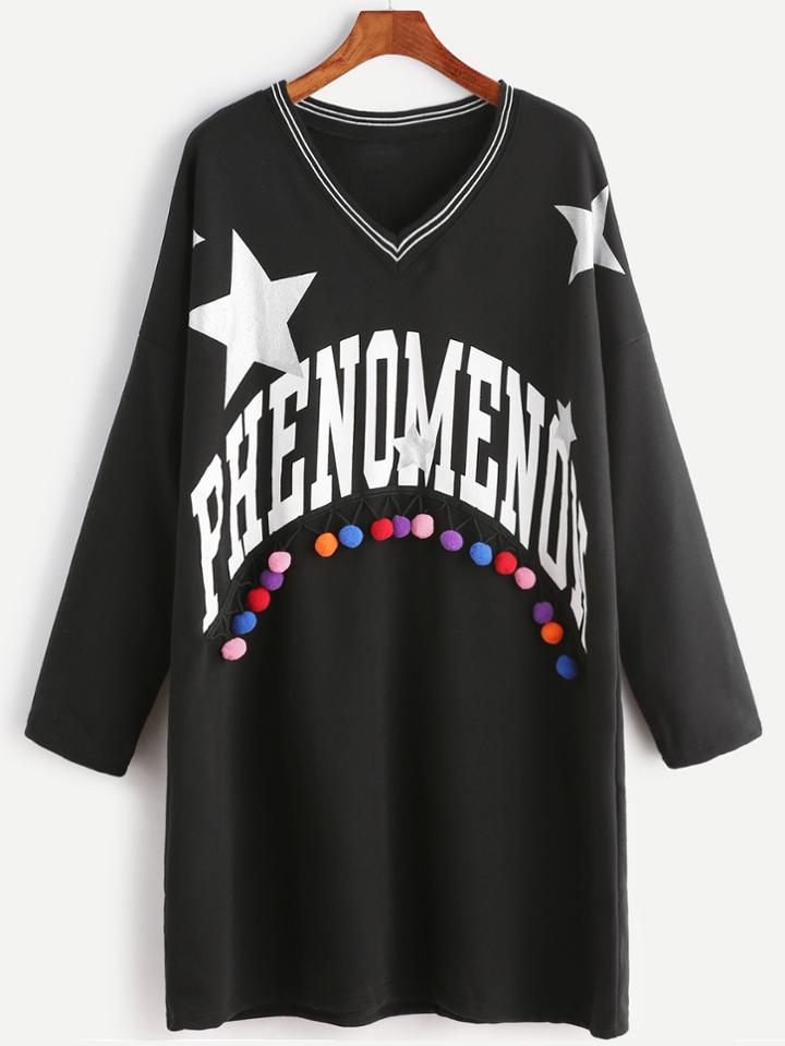 Romwe Printed Striped V Neck Pom Pom Embellished T-shirt Dress