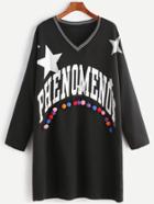 Romwe Printed Striped V Neck Pom Pom Embellished T-shirt Dress