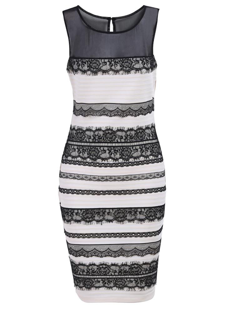 Romwe Ivory Sleeveless Lace Bodycon Dress