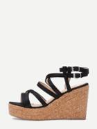 Romwe Black Faux Suede Strappy Wedge Sandals