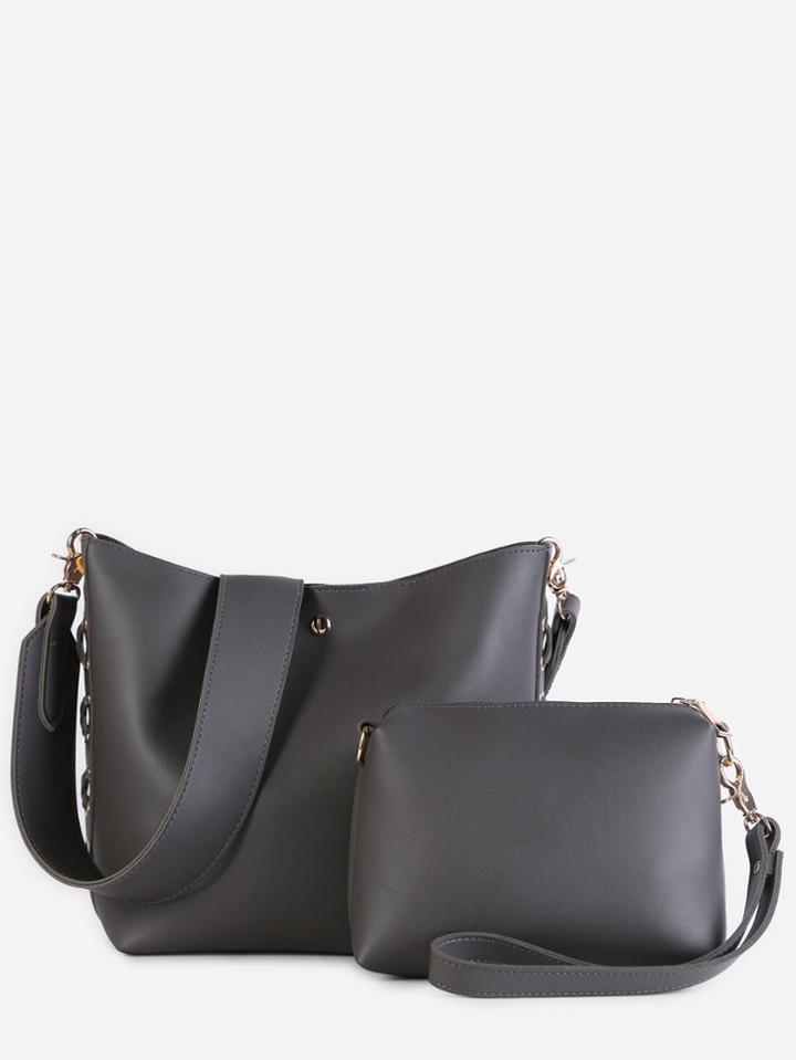 Romwe Grey Pu Eyelet Lace Up Convertible Wide Strap Shoulder Bag Set
