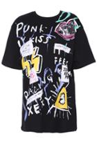 Romwe Graffiti Print Patchy Black Short-sleeved T-shirt