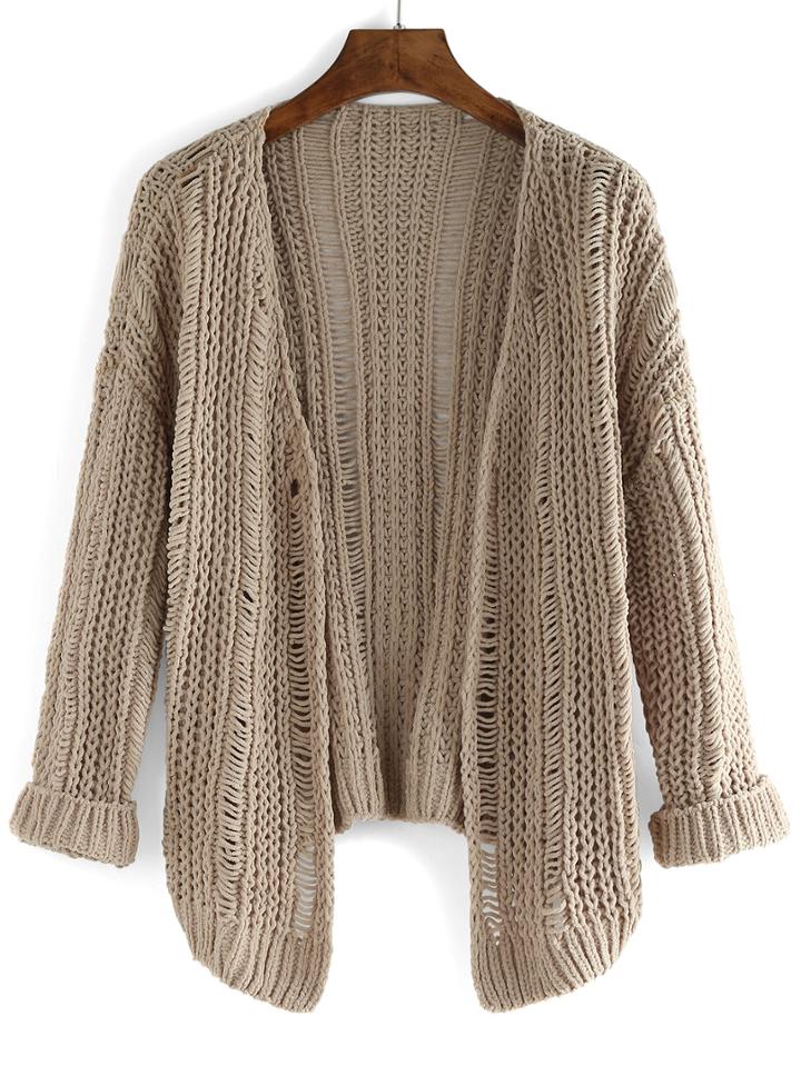 Romwe Long Sleeve Hollow Coffee Cardigan