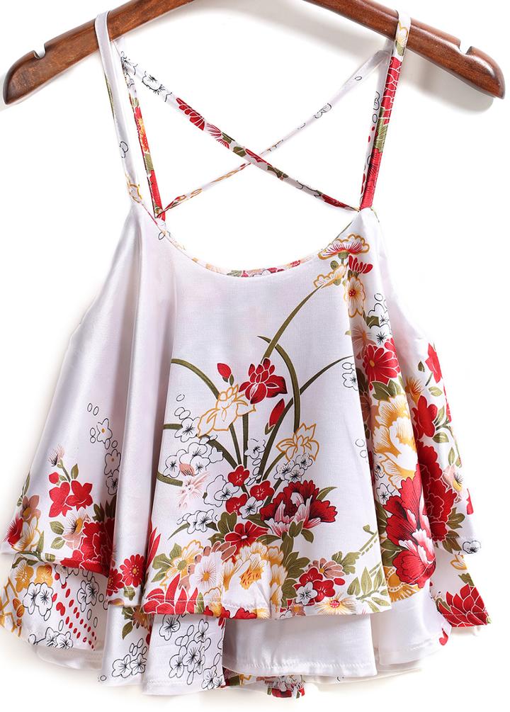 Romwe Spaghetti Strap Florals White Cami Top