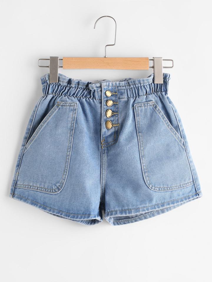 Romwe Single Breasted Shirred Waist Denim Shorts