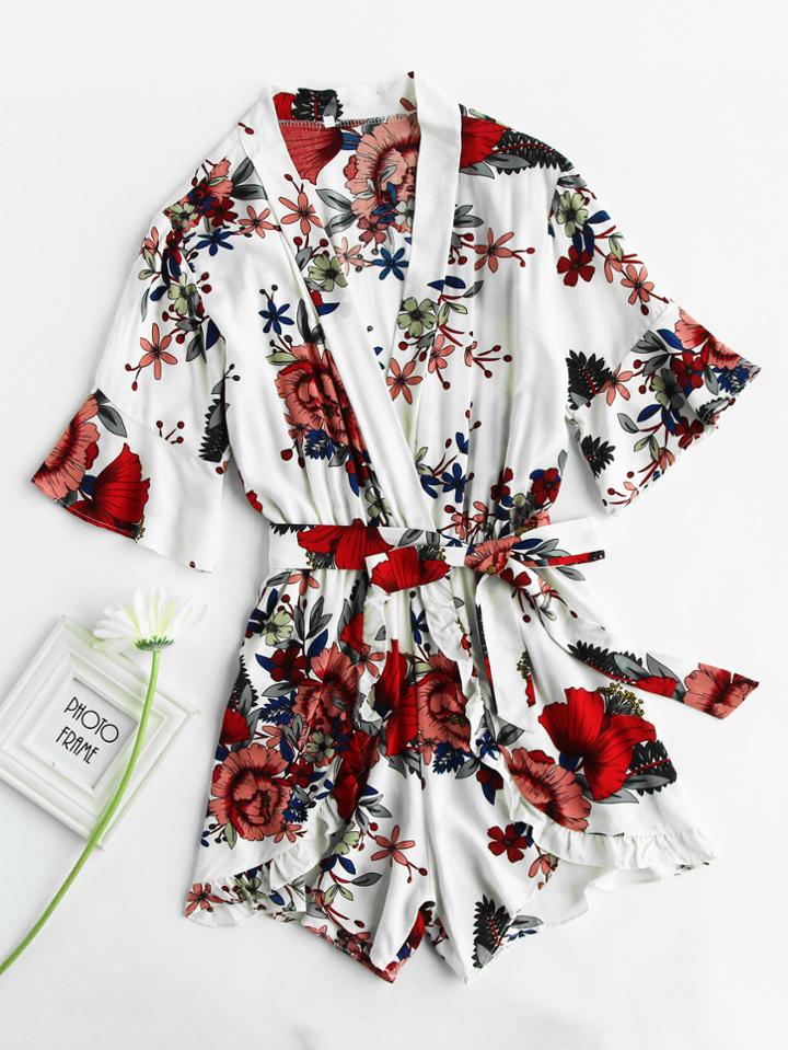 Romwe Floral Print Random Surplice Frill Romper With Belt