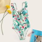 Romwe Tropical Print Ruffle Trim One Piece Swimsuit