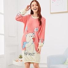Romwe Bear Print Elastic Hem Plush Night Dress