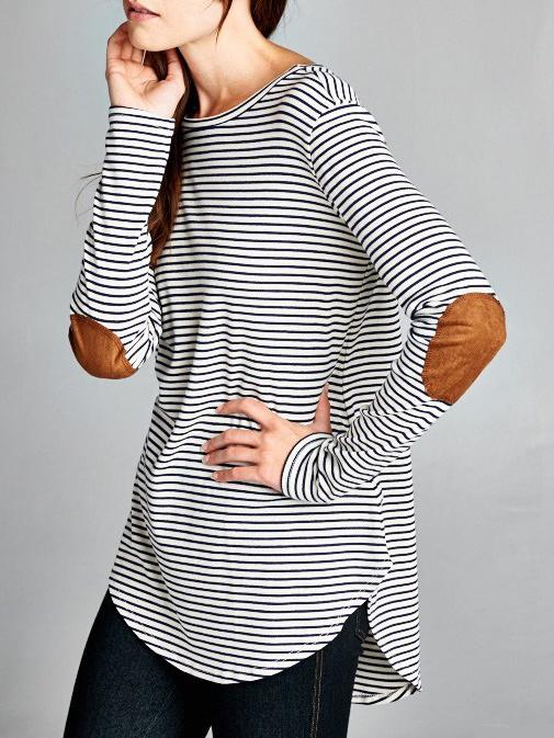 Romwe Black White Elbow Patch Striped T-shirt