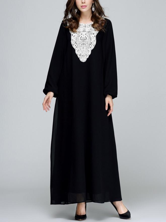 Romwe Black Crochet Applique Lantern Sleeve Long Dress