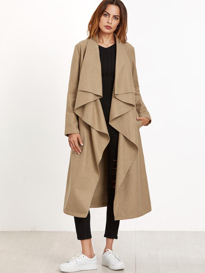 Romwe Khaki Waterfall Collar Belted Coat