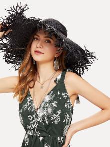 Romwe Frayed Trim Straw Hat
