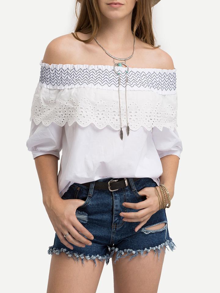 Romwe Off-the-shoulder Eyelet Ruffle Blouse