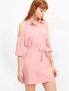 Romwe Pink Open Shoulder Self Tie Shirt Dress