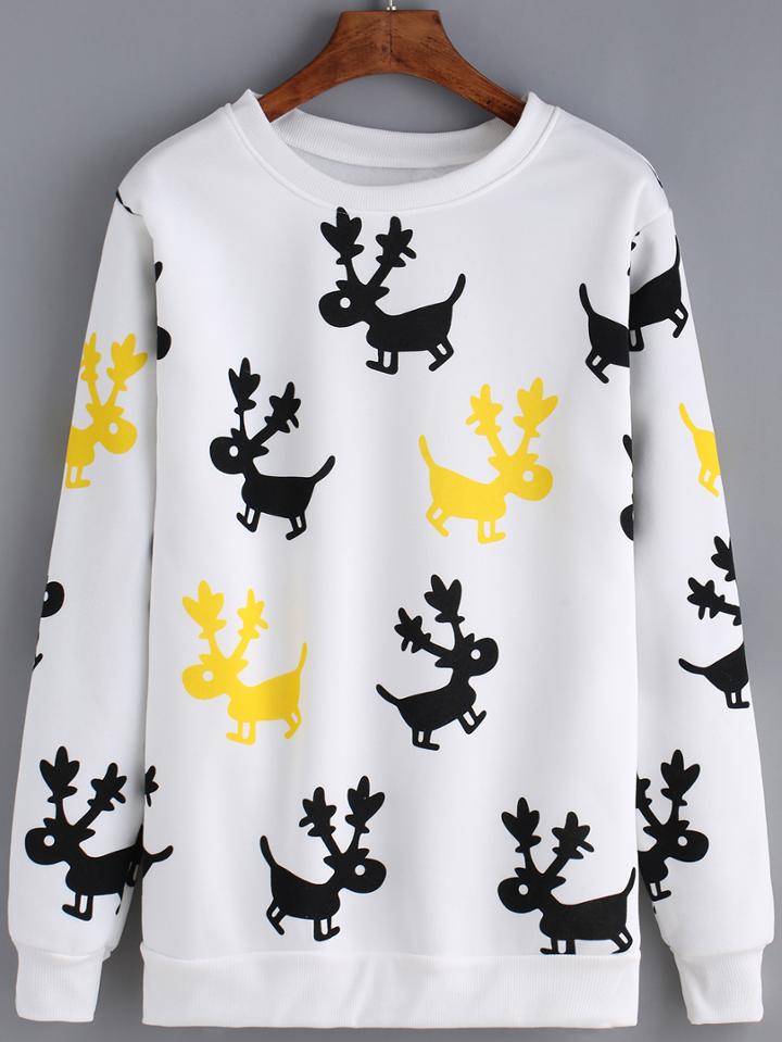 Romwe Christmas Deer Print White Sweatshirt