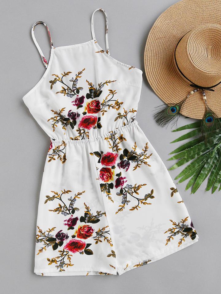 Romwe Printed Random Bow Tie Open Back Cami Romper