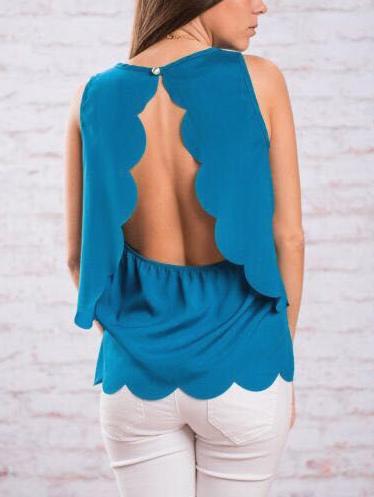 Romwe Scalloped Slit Back Tank Top - Blue