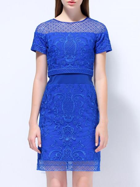 Romwe Blue Round Neck Short Sleeve Embroidered Dress