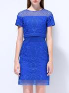 Romwe Blue Round Neck Short Sleeve Embroidered Dress