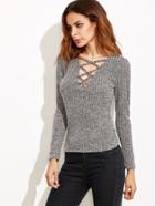 Romwe Heather Grey Deep V Neck Lattice Ribbed T-shirt