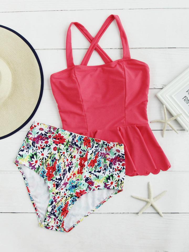 Romwe Calico Print High Waist Peplum Tankini Set