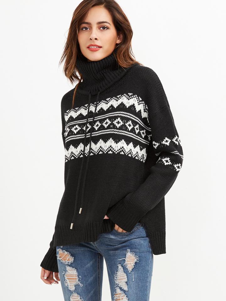 Romwe Black Geo Pattern Drawstring Turtleneck Sweater