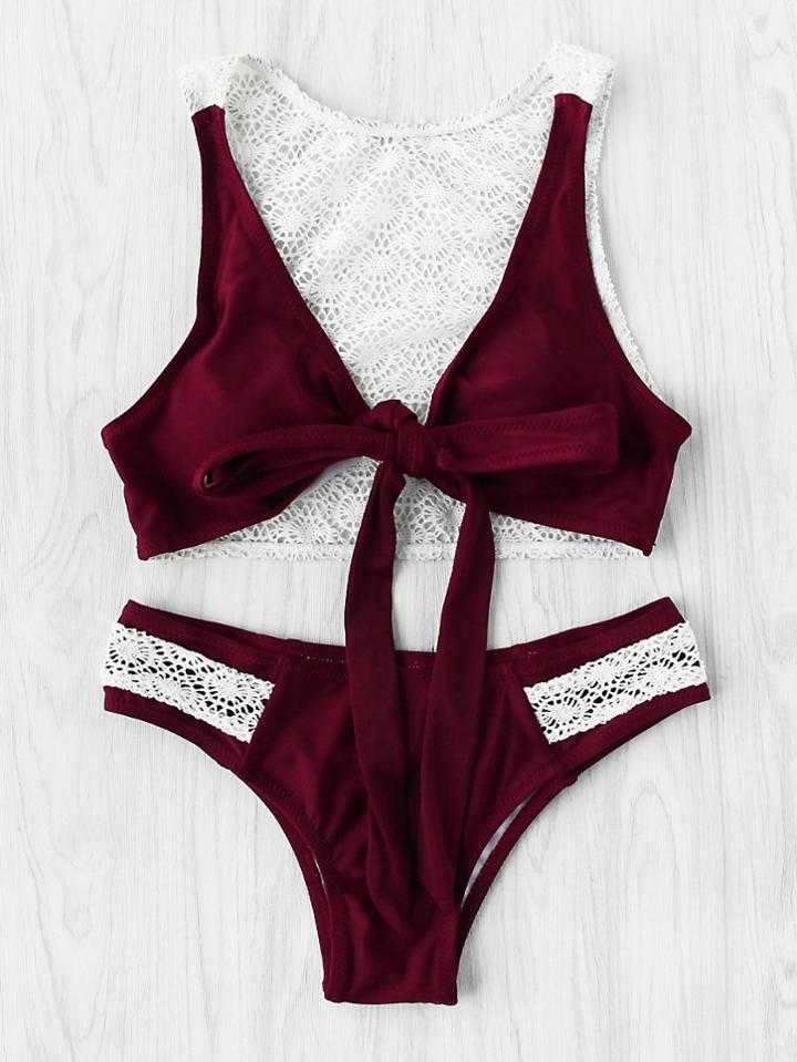 Romwe Crochet Design Bow Tie Bikini Set