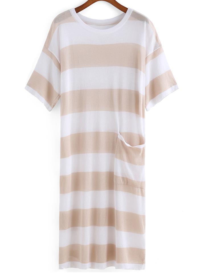 Romwe With Pocket Striped Khaki Dress