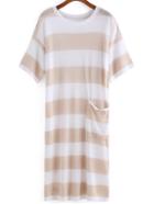 Romwe With Pocket Striped Khaki Dress