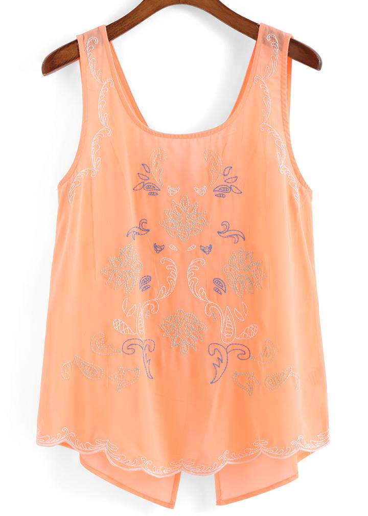 Romwe Back Buttons Embellished Chiffon Orange Tank Top