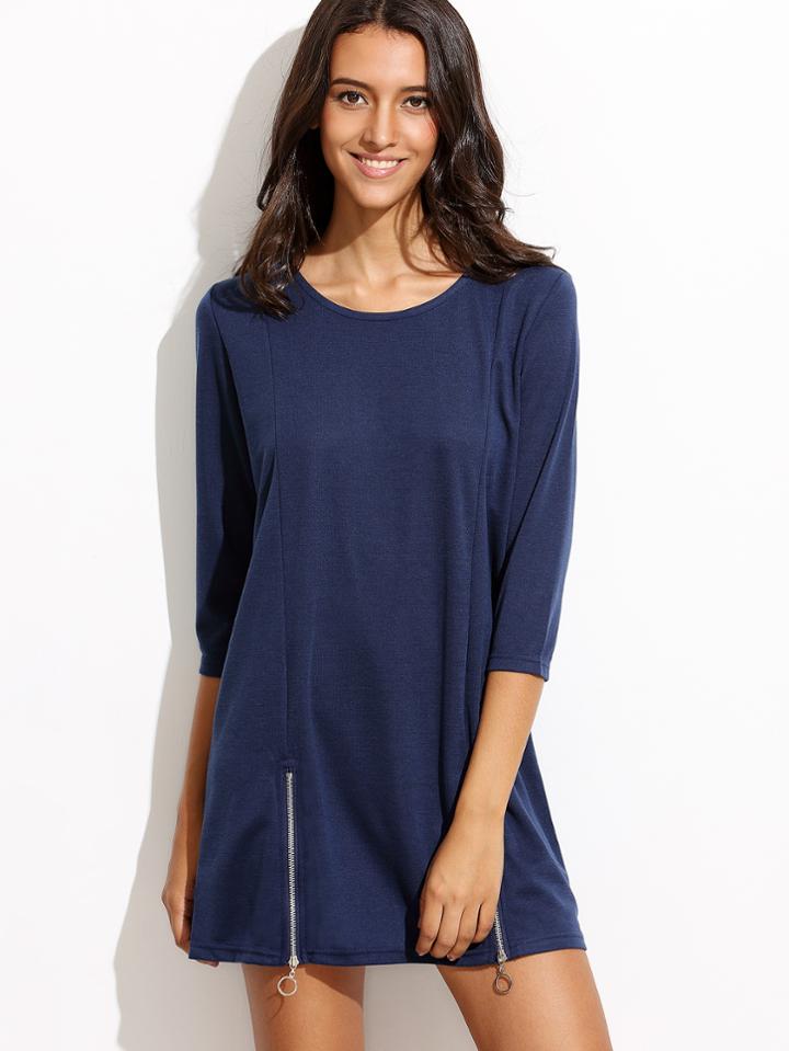 Romwe Navy Tunic Dress With Zippers