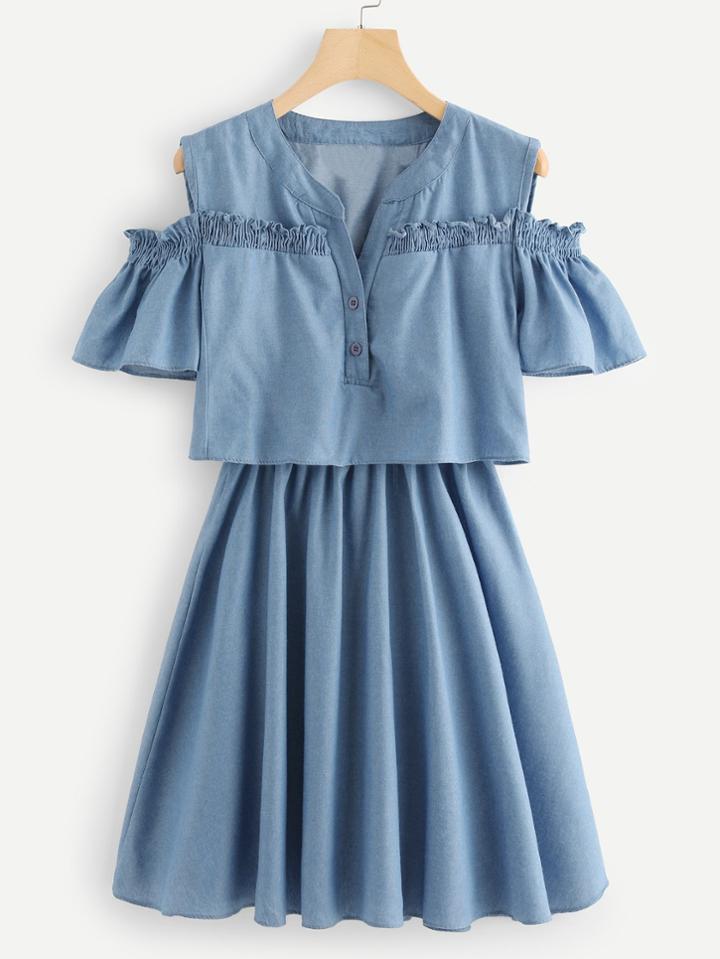 Romwe Open Shoulder Denim Dress