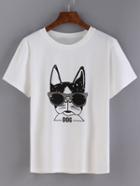 Romwe White Dog Print T-shirt