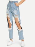 Romwe Faux Pearl Beading Extreme Distressing Jeans