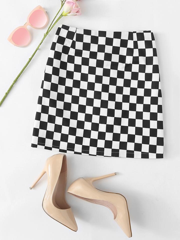 Romwe Gingham Zip Up Back Skirt