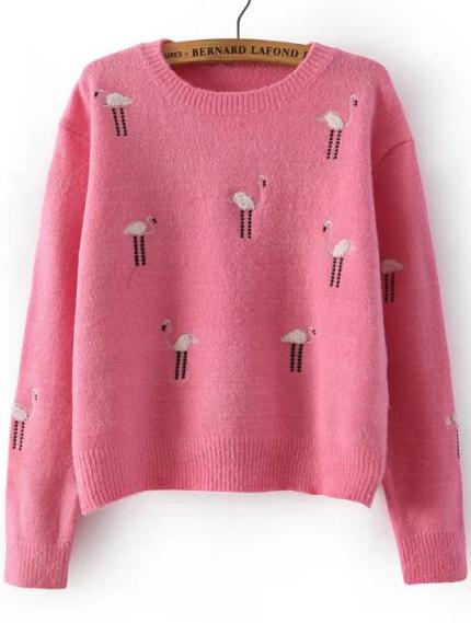 Romwe Ostrich Embroidered Pink Sweater